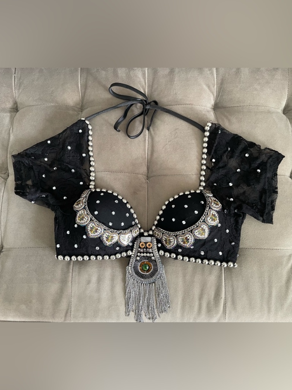Black Embellished Crop Top with Silver Accents